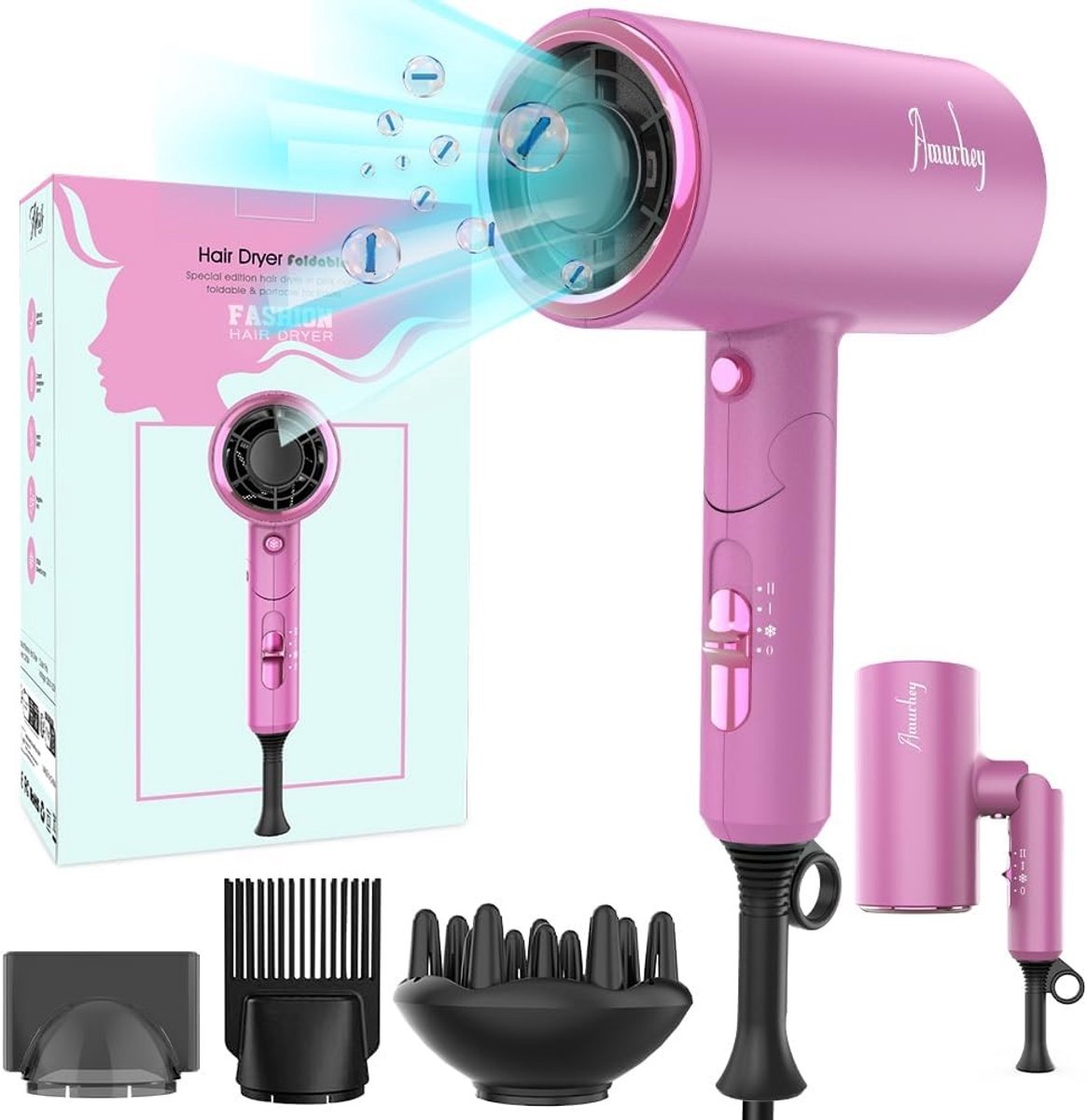 Reishaardroger - Roze - 14 x 7,5 x 27 cm - Inklapbare Föhn met 2200W AC-motor - Voor Thuis en Reizen