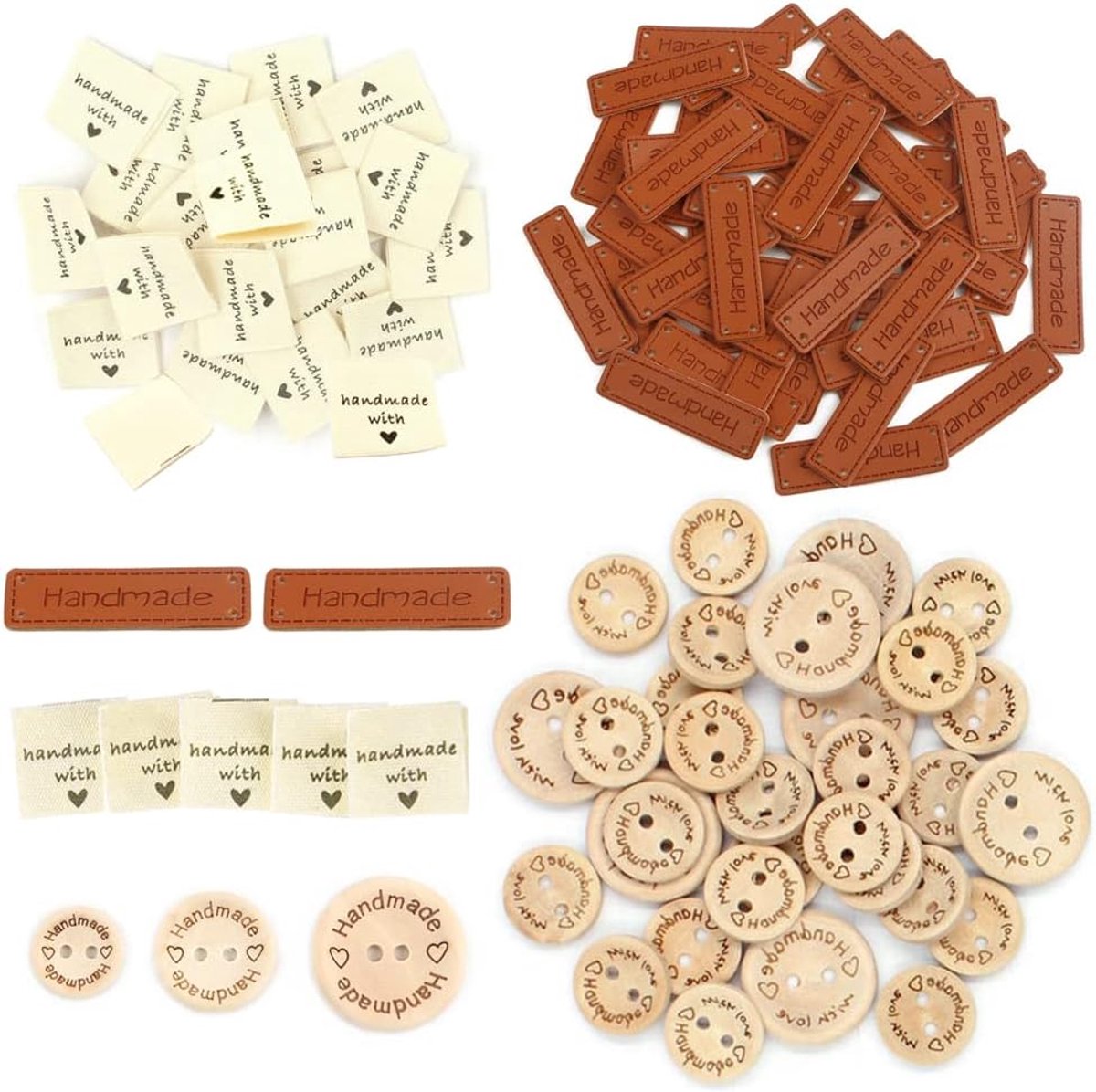 SnelShoppen - 300 Stuks Houten Knopen, Handgemaakte Labels voor Naaiaccessoires, PU en Leer Labels met Liefde, Textiel Tags, Diverse Maten en Kleur