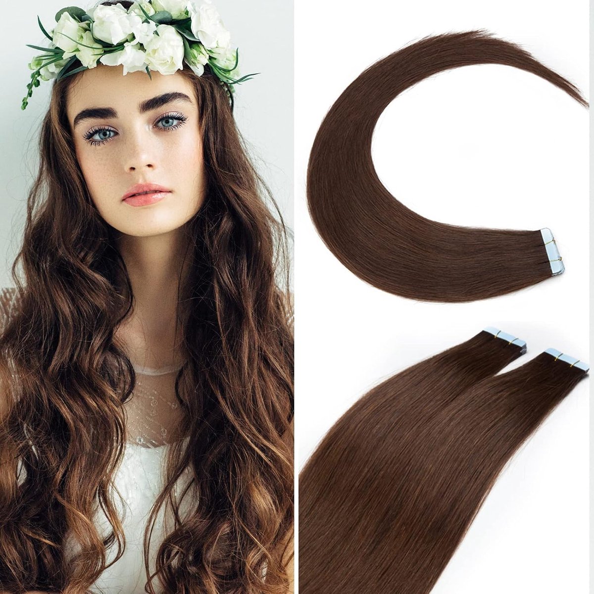 Tape Extensions Haarverlängering 10 Tressen 20g - 100% Remy Echthaar - Glatt Mittelbruin#4 12" (30cm) - ShopVlot