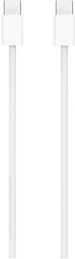 Witte Apple USB-C naar USB-C kabel met geweven textuur, recht naar beneden hangend.