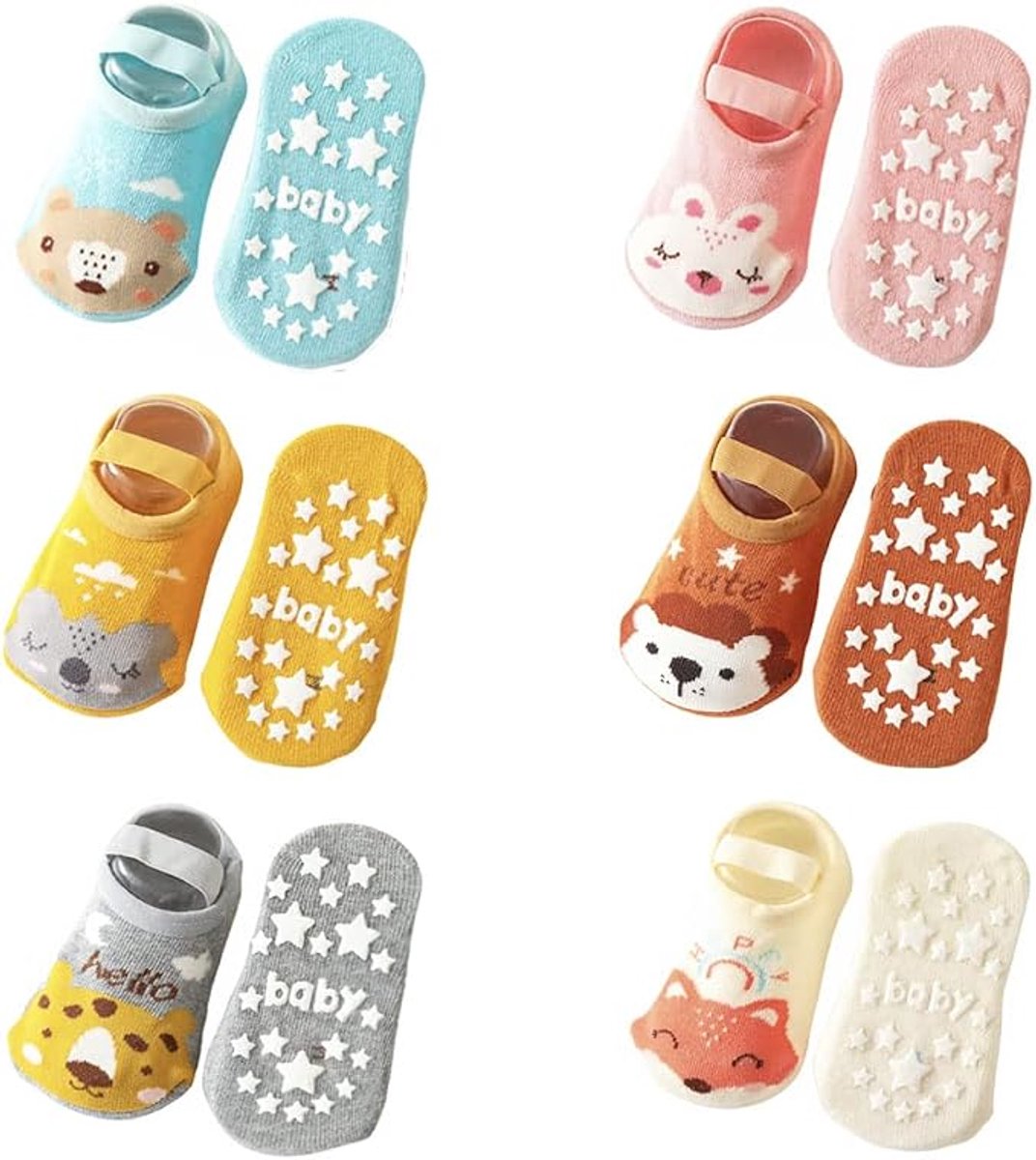 Set van 6 paren dierenprint babysokjes met hielbandje maat S, sterren siliconen antislip vloersokjes voor baby’s 0 tot 1 jaar, voorkomt afglijden tijdens kruipen en lopen binnenshuis