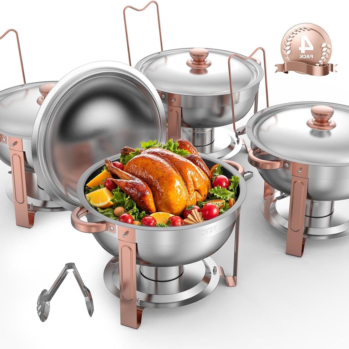 Buffetwarmer met pannen - Warmhoud set - Eten warm houden - Elegante afwerking - 4.7 liter inhoud - Roségoud