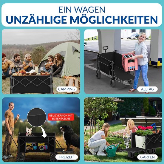 Opvouwbare bolderkar - Tuinwagen strandkar - Spullen vervoeren - Met rem achterklep - 130 liter volume - Zwart van Opvouwbare Bolderkar — afbeelding 2
