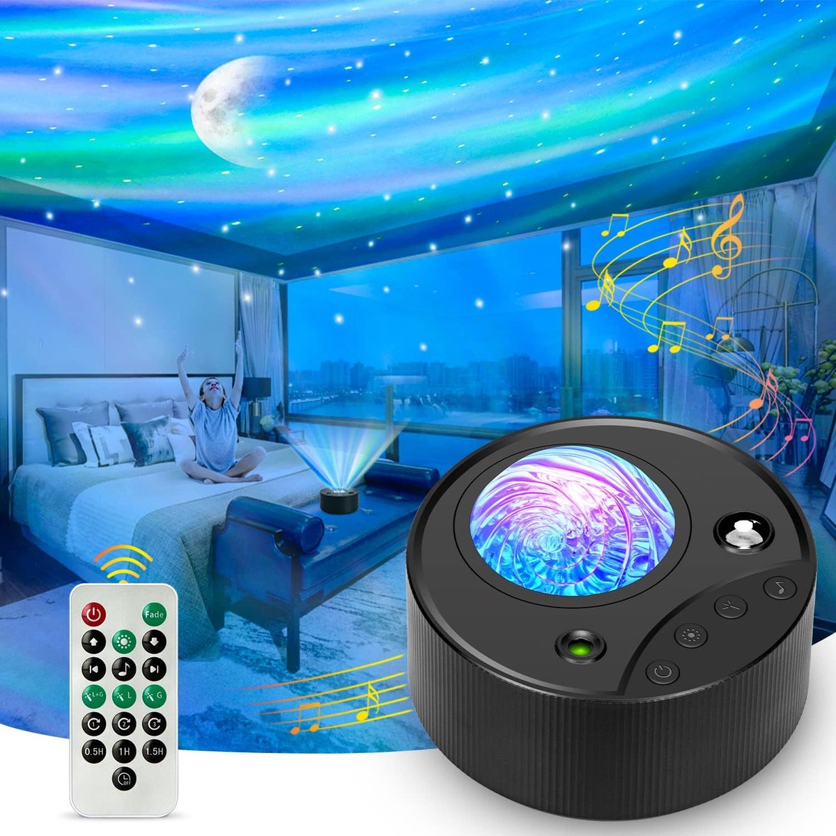 LED-sterrenhemelprojector – 14 kleuren – Aurora Galaxy-projector met witte ruis en afstandsbediening – kindernachtlamp – cadeau voor tienermeisjes – nachtlamp voor baby en volwassene – voor feesten en kamerdecoratie.