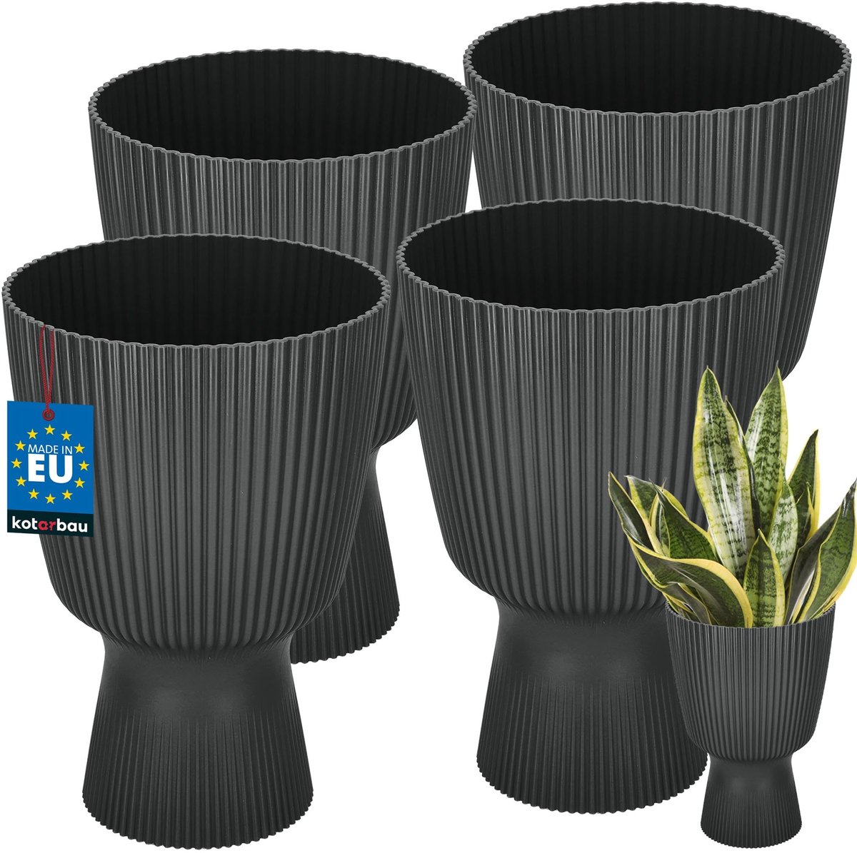 KOTARBAU® 4 Stuks - Bloempot - Plantenpot met Sokkel ⌀ 18 cm - PVC - Geribbelde Orchideeënpot - H: 27 cm - Zwart - Kelkvorm