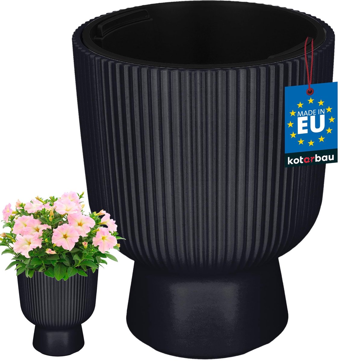 KOTARBAU® Bloempot - Plantenpot Ø 23 cm - met Binnenpot - Geribbelde Plantenbak - Plantenpot met Voet - Plantenbak - Kunststof - H: 30 cm - Anthrazit