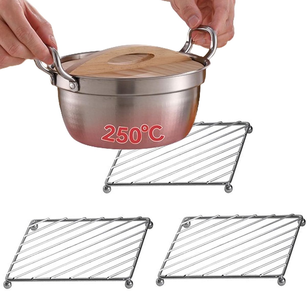 Roestvrijstalen Onderzetters - 18,5x18,5 cm - Hittebestendige Pannenmatten - Zilver - 3 stuks - Vierkant