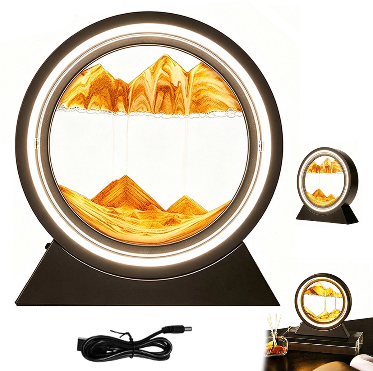 3D Zandkunst - Met LED Nachtlampje - Dimbaar Zandlandschap - Drie Helderheidsniveaus - Bureaudecoratie - Nachtlampje - Dynamische Zandkunst - Sfeerverlichting 's Nachts - Zandloperdecoratie - 25 cm - Zwart