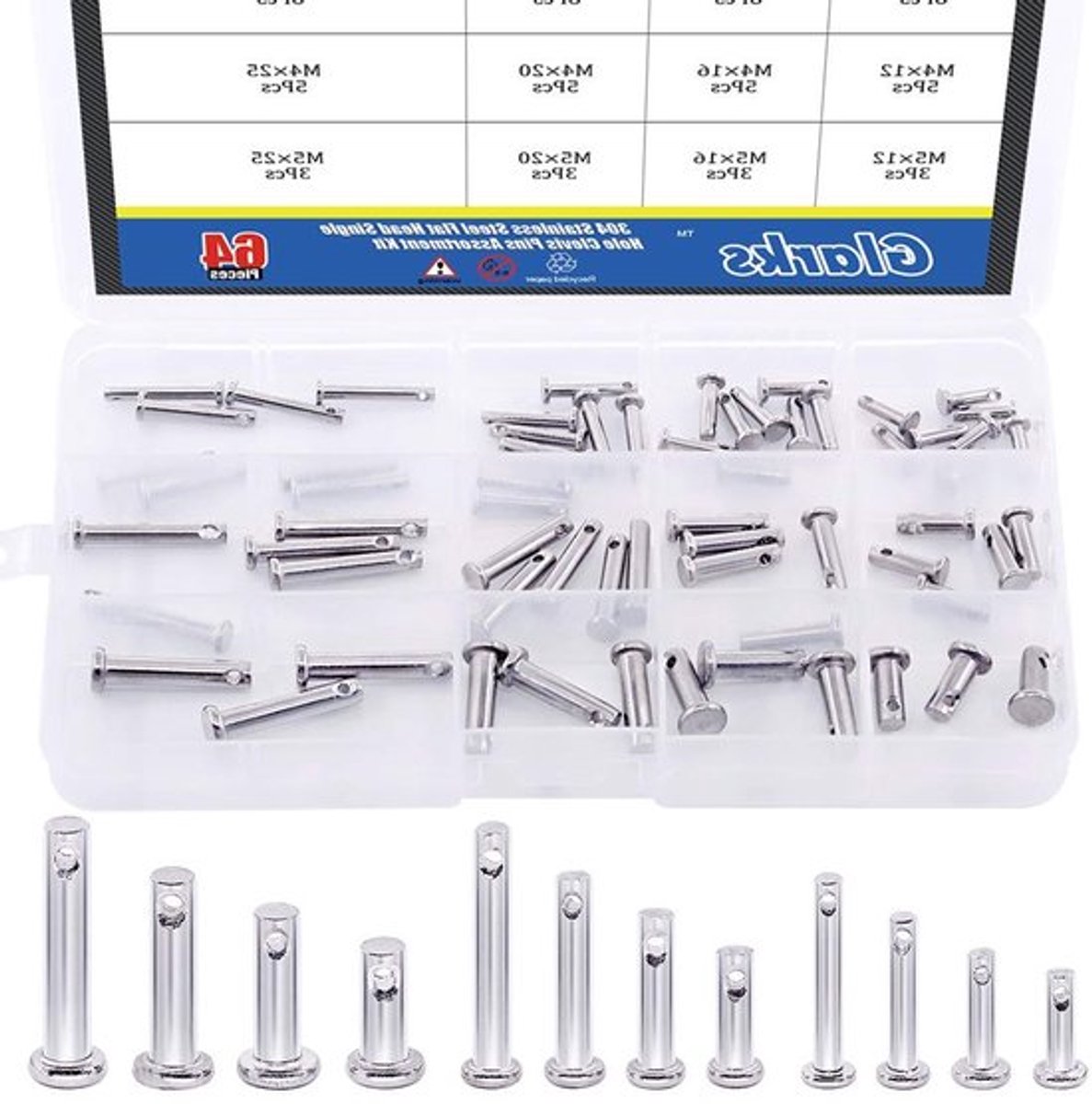 Assortiment van 64 Stuks RVS Platte Kop Enkele Gat Clevis Pins in 12 Maten voor Diverse Toepassingen