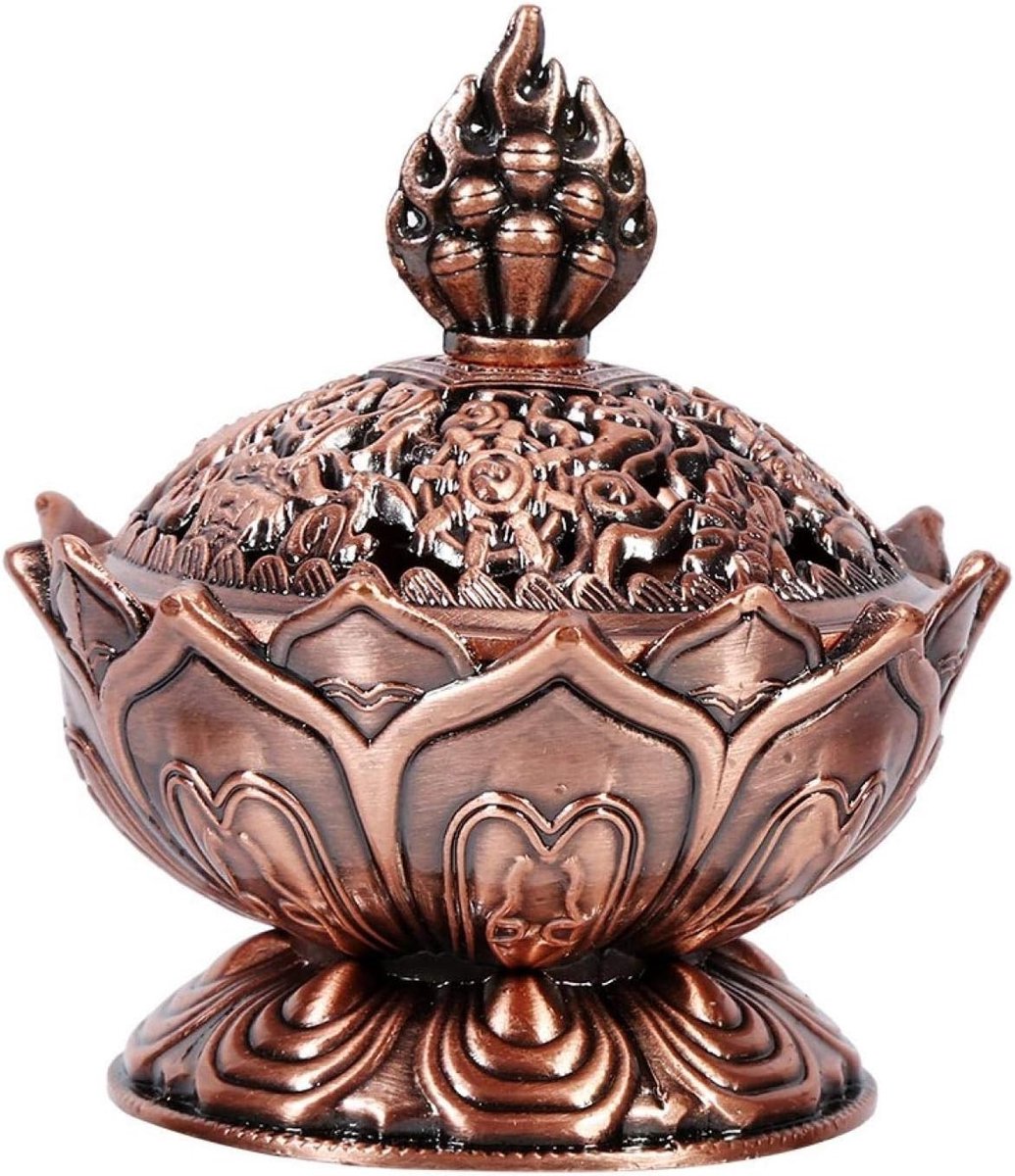 Vintage Lotus Backflow Wierookbrander voor Ontspanning en Meditatie - Stil Wierookhouder met Deksel voor Geurconen in Rood Brons