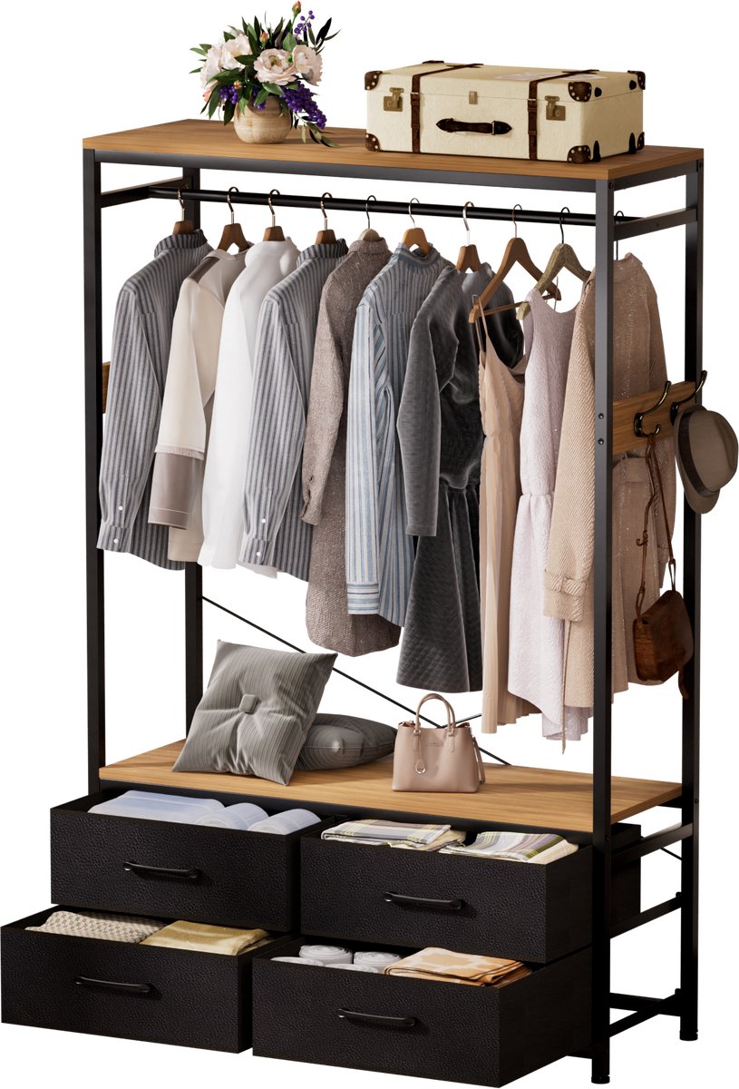 Casamoda Kledingkast met Laden - 100 x 40 x180 cm - Kledingrek - 4 grote lades - 4 haken en 1 kledingstang - Draagkracht 150 kg - Garderobekast - Kapstok - Goud Eiken/Zwart