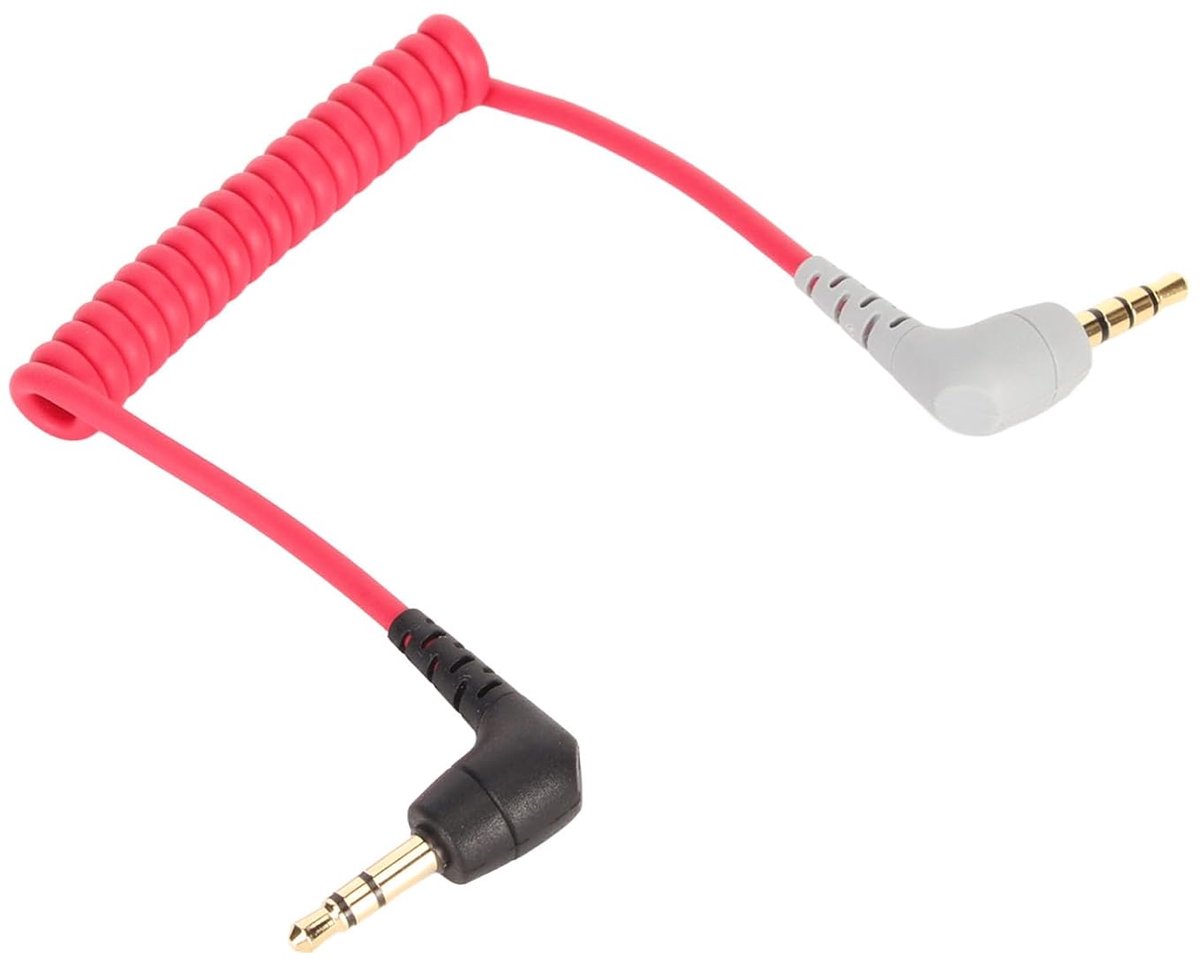 SnelShoppen - 3.5mm Aux Audiokabel, 3.5mm Mannetje naar 3.5mm TRRS Mannetje, Krullende Kabel met Hoekstekker voor Mobiele Telefoons, Tablets, Rode Mic