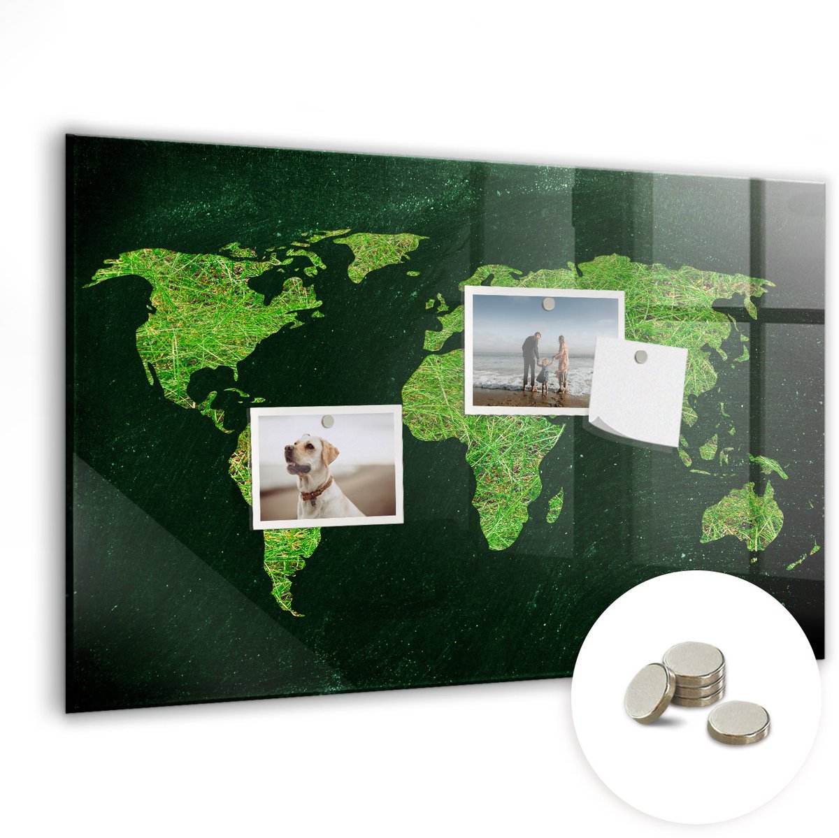 Coloray Glazen Magneetbord - Magnetisch Bord Wereldkaart met gras - 60x40 cm - Veelkleurig Magneetbord - Magnetic Board - Magneetbord Design