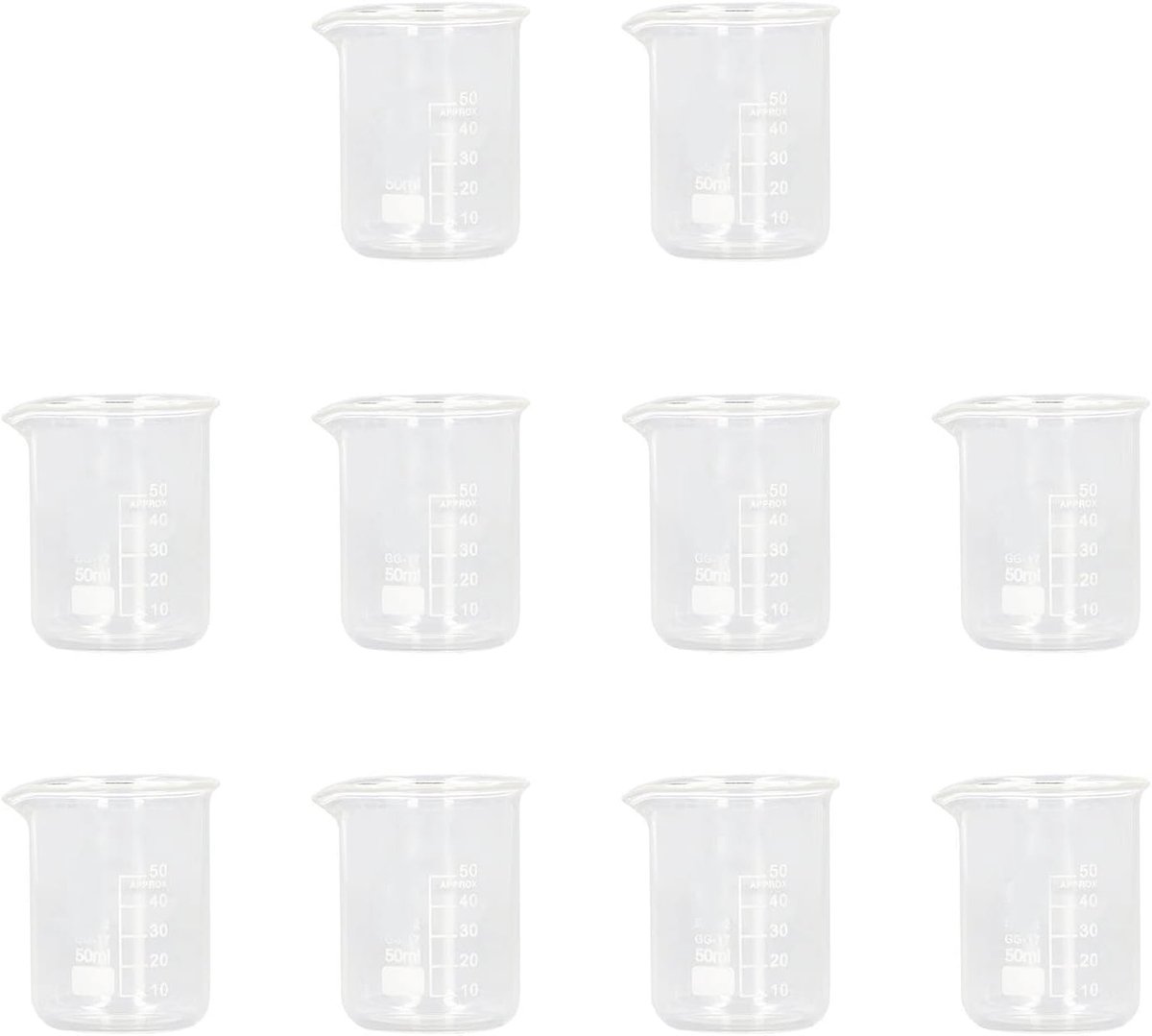 SnelShoppen - Wetenschappelijke Glazen Mok Set van 10 Stuks 50ml Lage Meetcilinders met Dikke Wand en Duidelijke Schaalverdeling voor Nauwkeurige Meti
