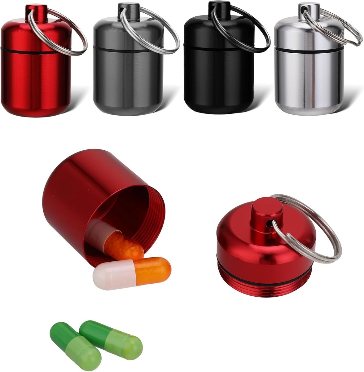 Compacte Pillendoos Set van 4 Stuks, Waterdichte Mini Capsule voor Reizen, Camping en Vissen, Sleutelhanger Inclusief