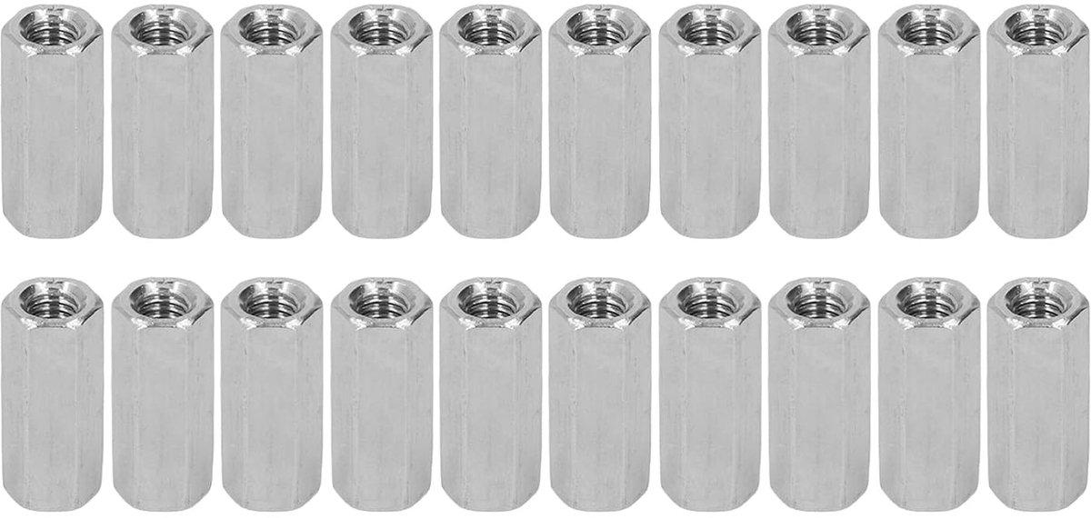 SnelShoppen - M6 Hex Coupling Moeren Set van 20 Stuks, RVS Draadstang Verbindingselementen, Hexagonale Moeren L25mm voor Binnen en Buiten