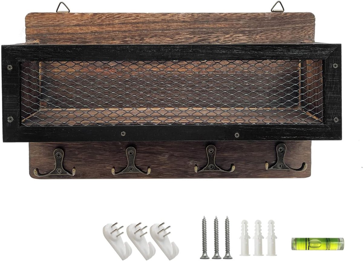SnelShoppen - Decoratieve Houten Wand Sleutelhouder met 4 Dubbele Haakjes - Wandgemonteerde Sleutelhanger voor Entree, Woonkamer, Hal en Keuken (Bruin