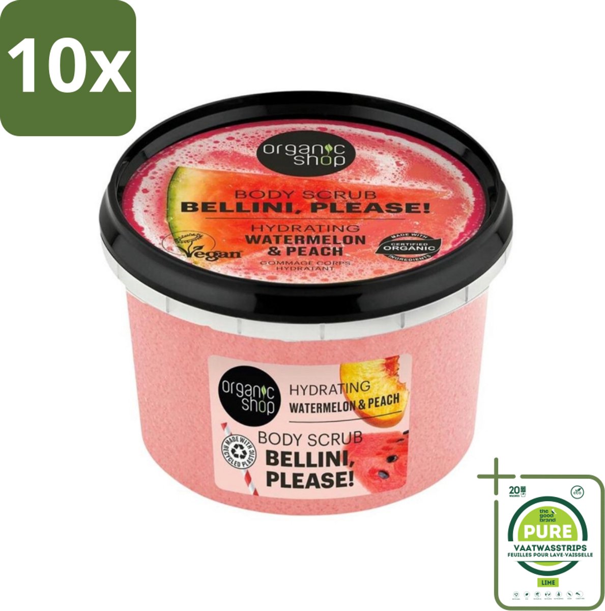 10 x Organic Shop - Body Scrub Watermelon & Peach - Hydratatie en Frisheid - 250 ml - Grootverpakking - Lichaams Scrub - Scrub - Hydraterende Body Scrub - Zomerse Geur - Biologische Body Scrub