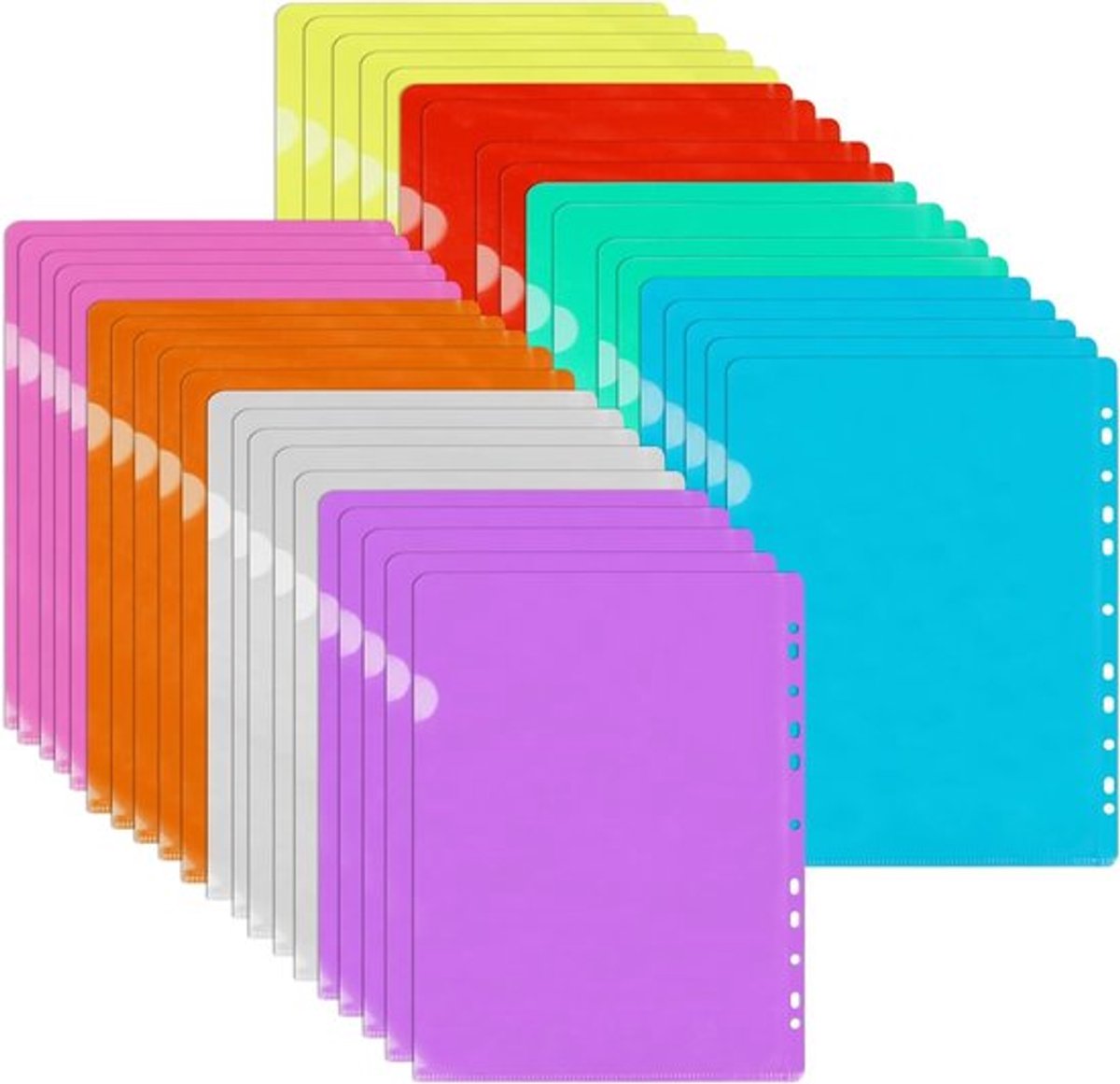 Set van 40 A4 Documenthoezen, Zijopening, Kleurrijk, Met 11 Perforaties, Transparante Opberghoezen voor Kantoor en School, Ideaal voor Documenten en Archivering