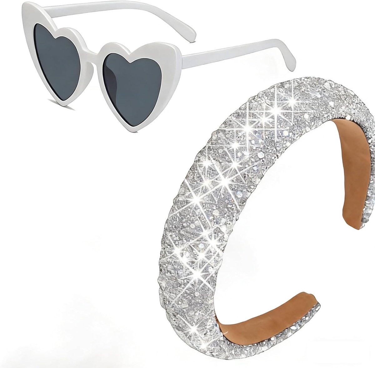 Jga Accessories Women's Bride To Be Rhinestone Hair Band Heart Sunglasses Set of 2 in Silver and Porcelain White - ShopVlot