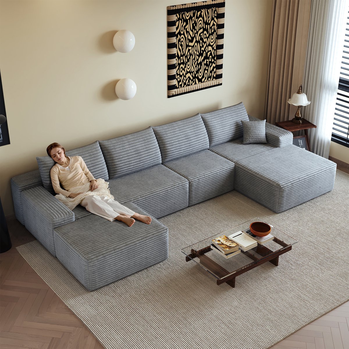 Modulaire Hoekbank - 5 Zits L Vorm Cloud Sofa Ribstof - Frameloze Lounge Bank Met Chaise Longue En Diepe Zit - Compressie Sofa Zonder Montage - Grote Woonkamer Bank Grijs
