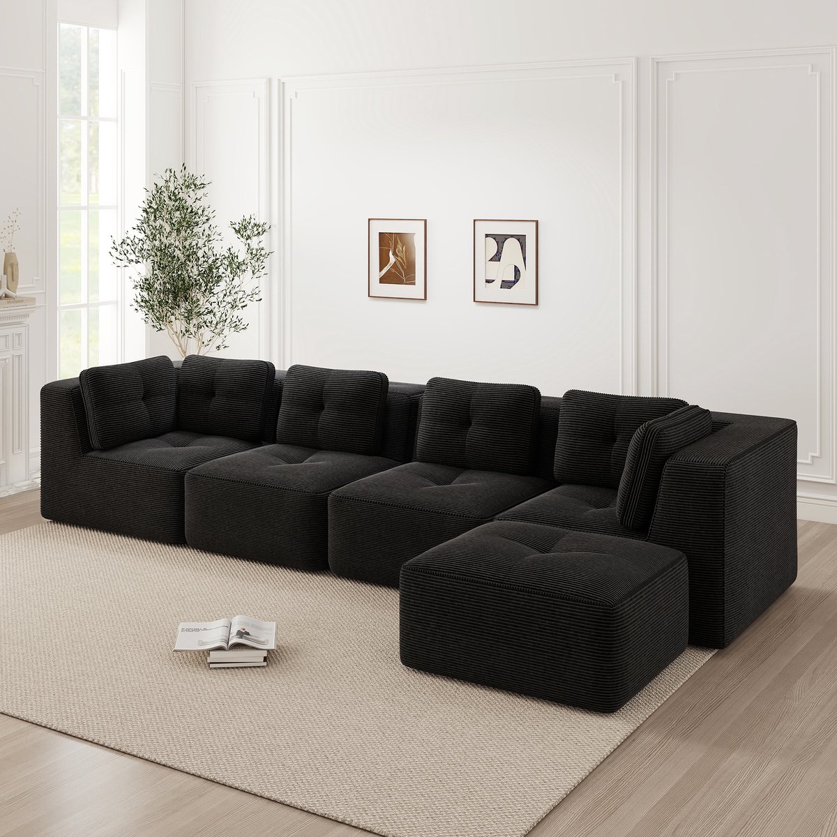 Modulair Sofa - Vierzits Comfort voor de Woonkamer - 386x177x69 cm, Zwart
