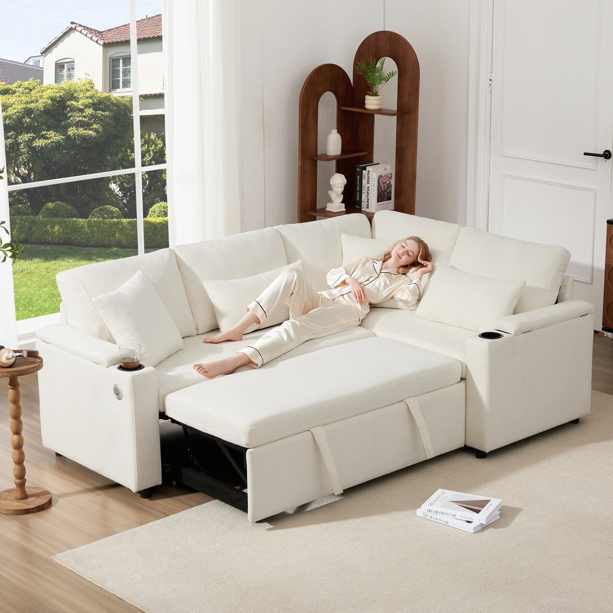 L-Vormige Slaapbank - Moderne Chenille Hoekbank 4 Personen Met Opbergruimte - Uitklapbare Lounge Sofa Met Bekerhouder, USB Poort En 4 Kussens - Comfortabele Bank Voor Woonkamer - Beige