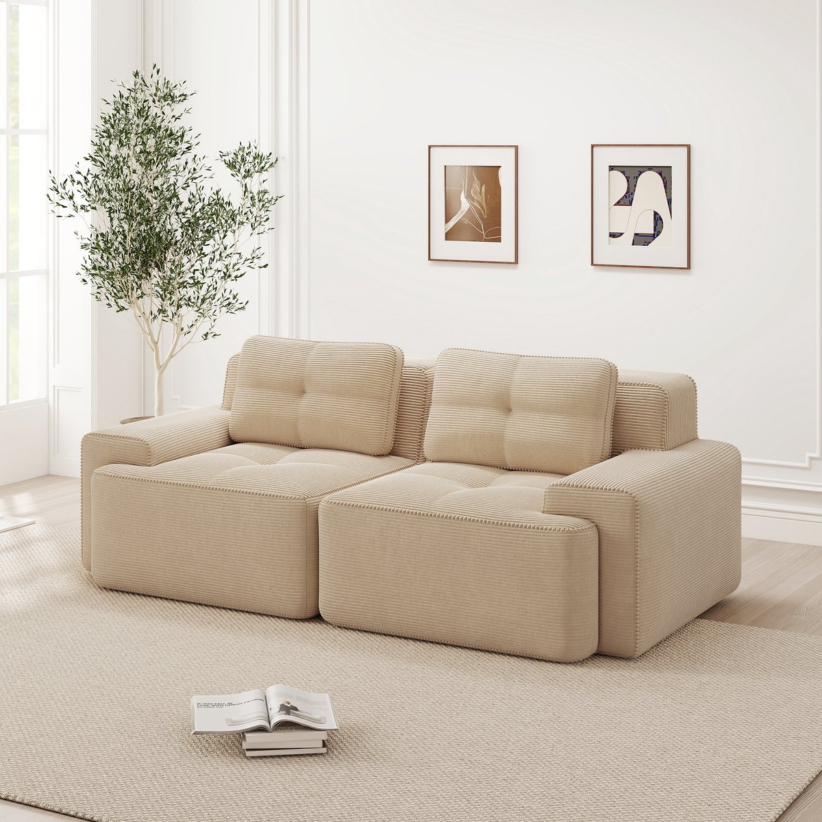 Modulaire Bank - 2 Zits Cloud Sofa Met Ribstof Bekleding - Frameloze Lounge Bank Met Diepe Zit En 32D Schuimvulling - Comfortabele Slaapbank Zonder Montage - Moderne Woonkamer Sofa Voor Appartement - Beige