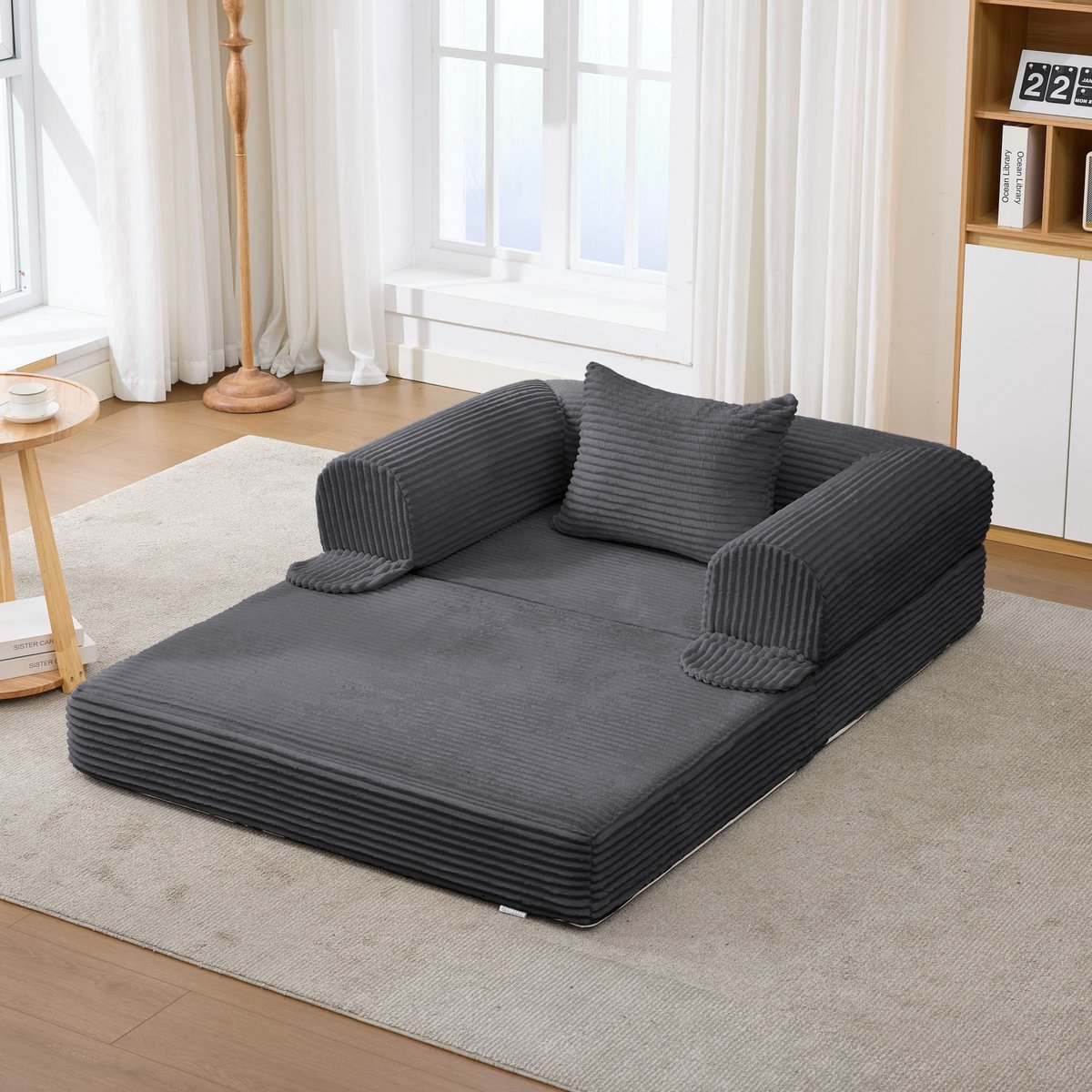 Slaapfauteuil - Ribstof Stoelbed Grijs 1-Zits - 2-in-1 Uitklapbare Sofa Bed Met Kussen, Comfortabele Lounge Stoel Voor Woonkamer Slaapkamer Appartement En Kleine Ruimtes