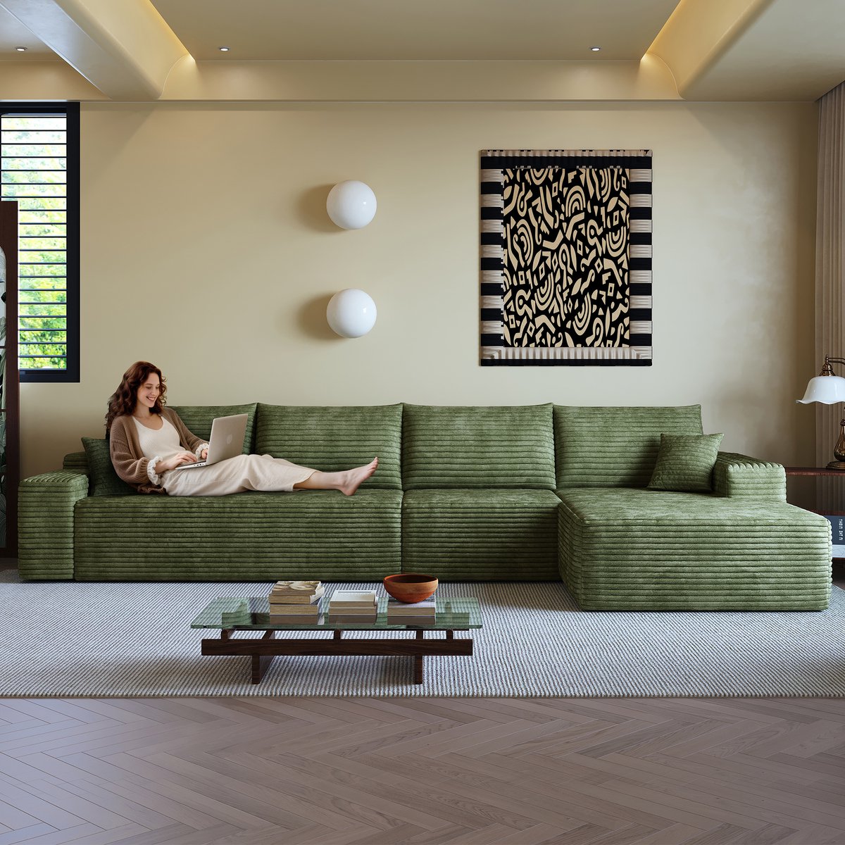Modulaire Hoekbank - 4 Zits L Vorm Cloud Sofa Ribstof - Frameloze Lounge Bank Met Diepe Zit - Compressie Sofa Zonder Montage - Grote Woonkamer Bank Groen