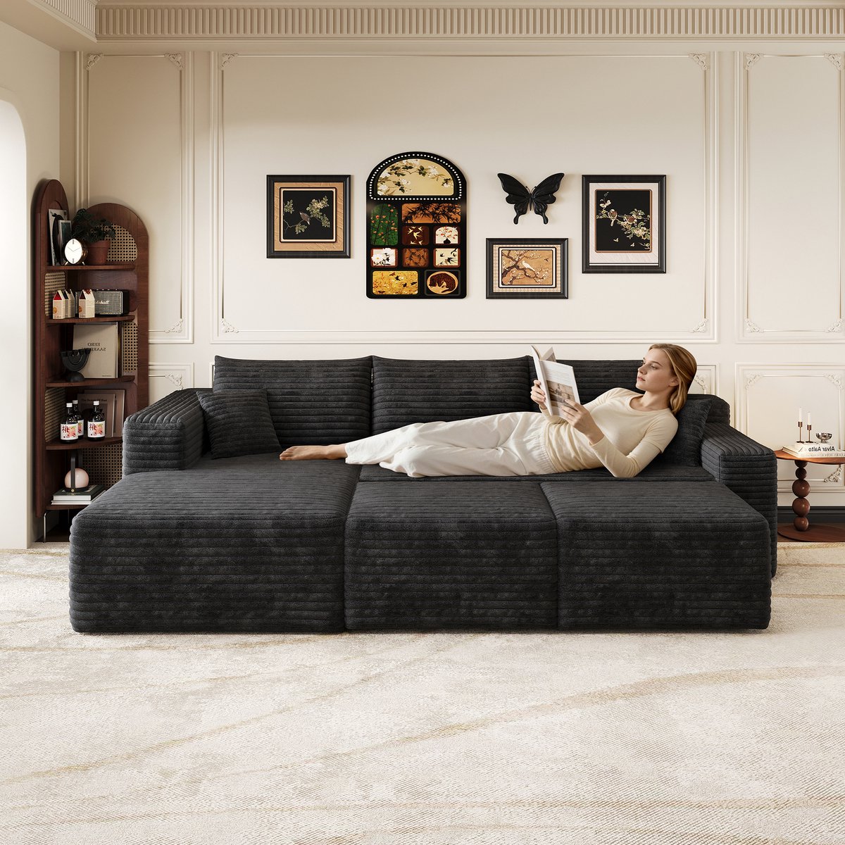 Modulaire Hoekbank - Zwarte Ribstof Cloud Sofa 5-Zits Met L-vorm Design, Extra Diepe Zit, Zachte Schuimvulling En Geen Montage Nodig Voor Woonkamer