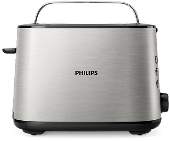 Grille-pain Philips avec corps aspect acier inoxydable brossé et base noire.