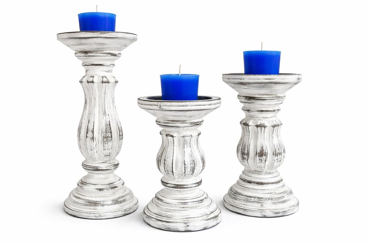 Solidchoice - Pillar Kaarsenhouders Set van 3 - Zwarte Houten Kaarsenstandaards voor Tafel