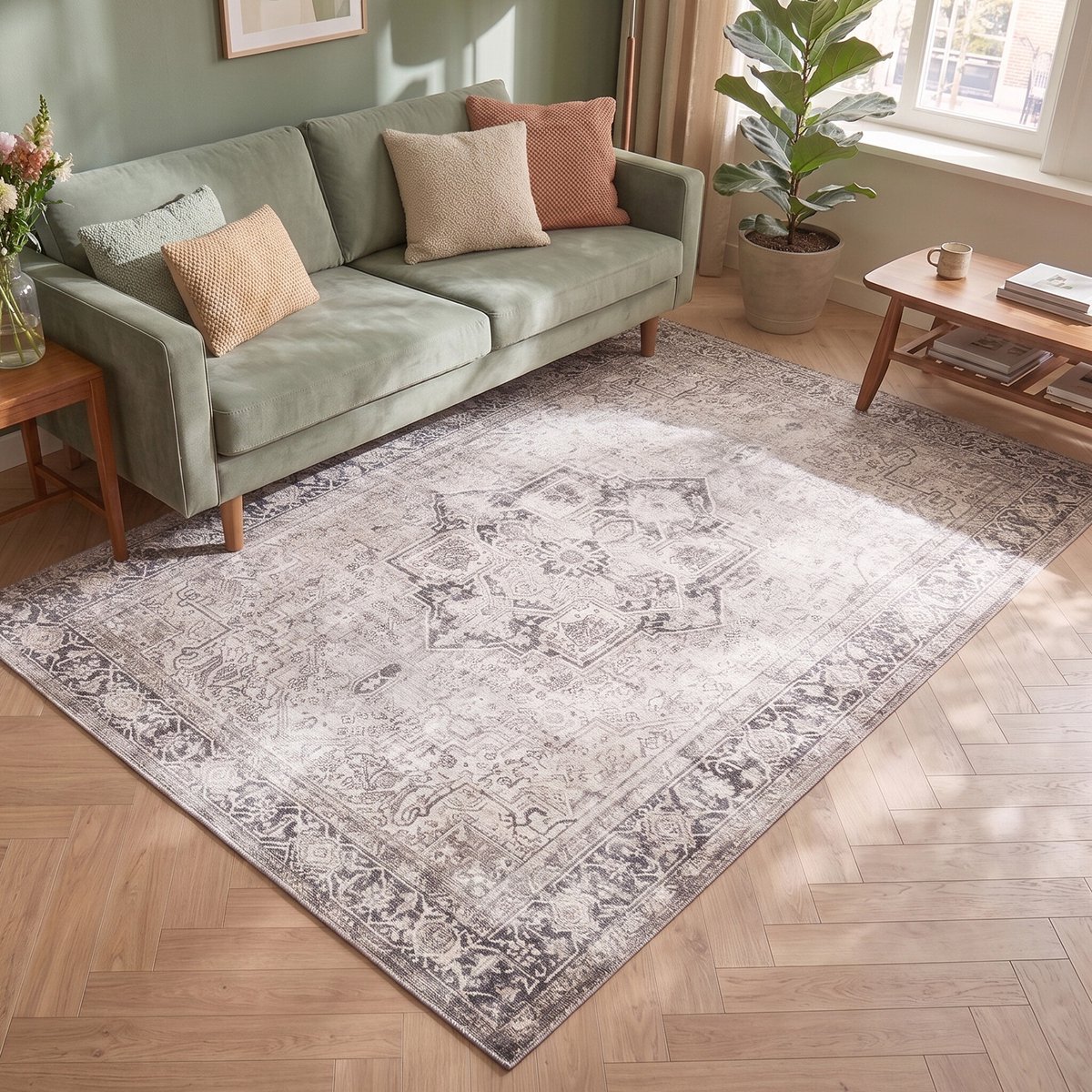 Fraai Vintage vloerkleed - Lugan Lichtbruin - 140x200cm