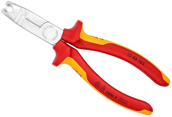 Knipex ontmantelingstang 165mm met rode en gele handvatten. Tekst: 1000V, Made in Germany, 13 46 165.