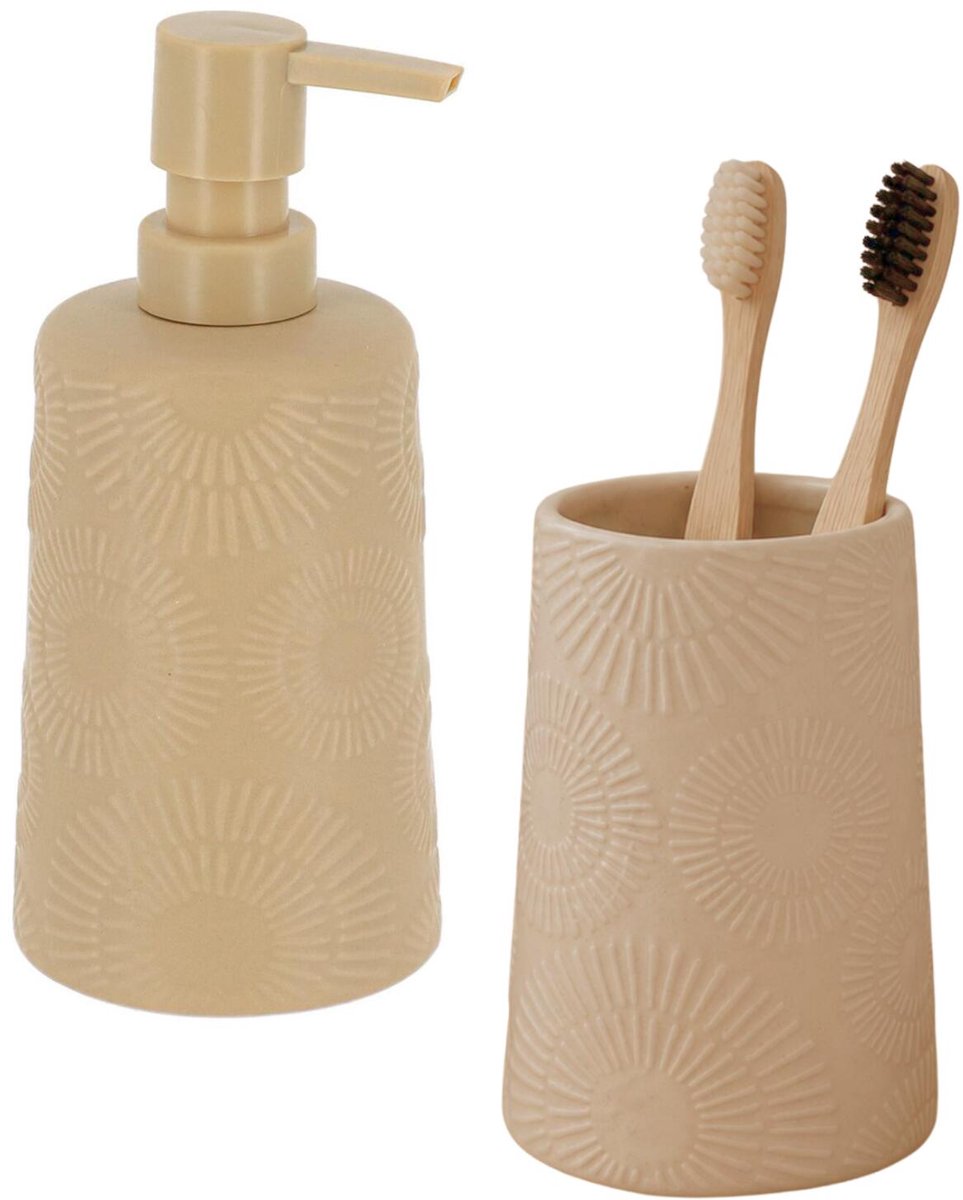 Tendance ethnic vibes badkamer set - zeeppomp en beker - beige - badkameraccessoires