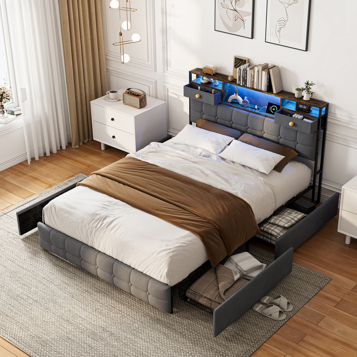 Tweepersoonsbed 140x200cm, gestoffeerd bed met 4 opberglades, ledverlichting en USB-poorten, bedframe 140x200, fluweel Grijs