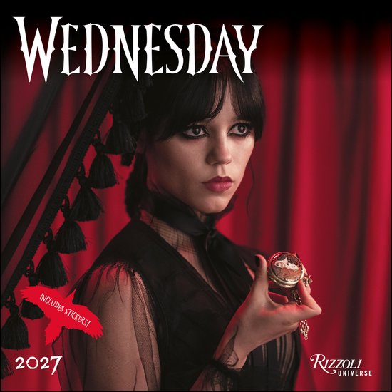 Jenna Ortega als Wednesday Addams met een zwart gaas, sieraden en een zakhorloge. Inclusief stickers! Jaar 2027.