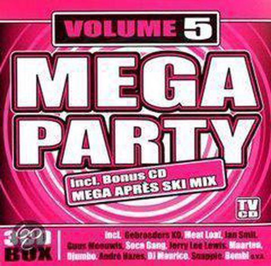 CD hoes: Mega Party Volume 5, met de tekst 'Incl. Bonus CD MEGA APRÈS SKI MIX'.