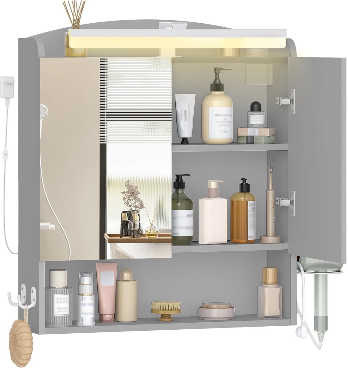 Hzuaneri Spiegelkast badkamer met verlichting, wandkast, Badkamerkast met spiegel, verstelbaar. Plank, haardrogerhouder en haken, 16,5 x 60 x 68,5 cm