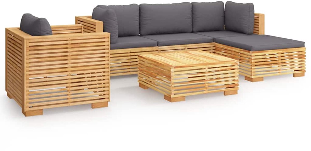 vidaXL 6-delige - Loungeset - met - kussens - massief - teakhout donkergrijs