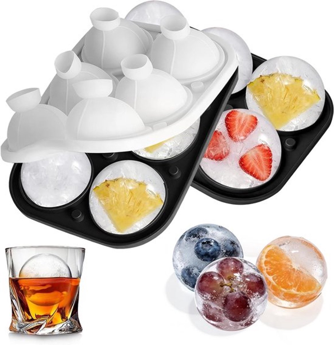 Set van 2 ronde siliconen ijsblokjesvormen met deksel en waterinjectietrechter voor cocktails, whisky en dranken (zwart)