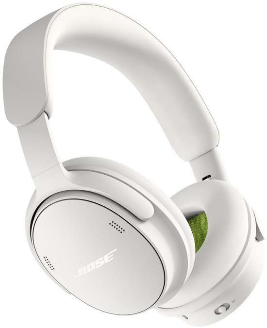 Witte Bose koptelefoon, gedraaid om het groene detail op de oorschelpen te tonen.
