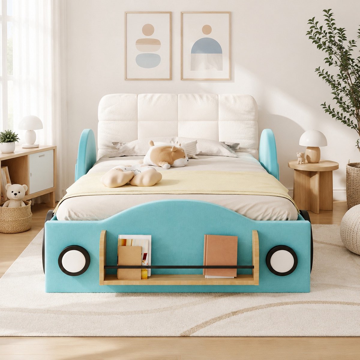 Gestoffeerd Bed 90x200 Cm Zonder Matras – Hydraulische Opbergruimte – Zijvakken En Boekenrek – Voor Kinderkamer En Jeugdkamer – Blauw