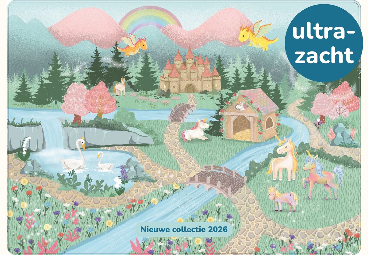 Mats & Joy® Unicorns & Dragons Speelmat 130x180 cm – Ultrazacht Fantasy Speelkleed Kinderen – Wasbaar – Antislip – Fleece Kindertapijt Eenhoorn & Draak