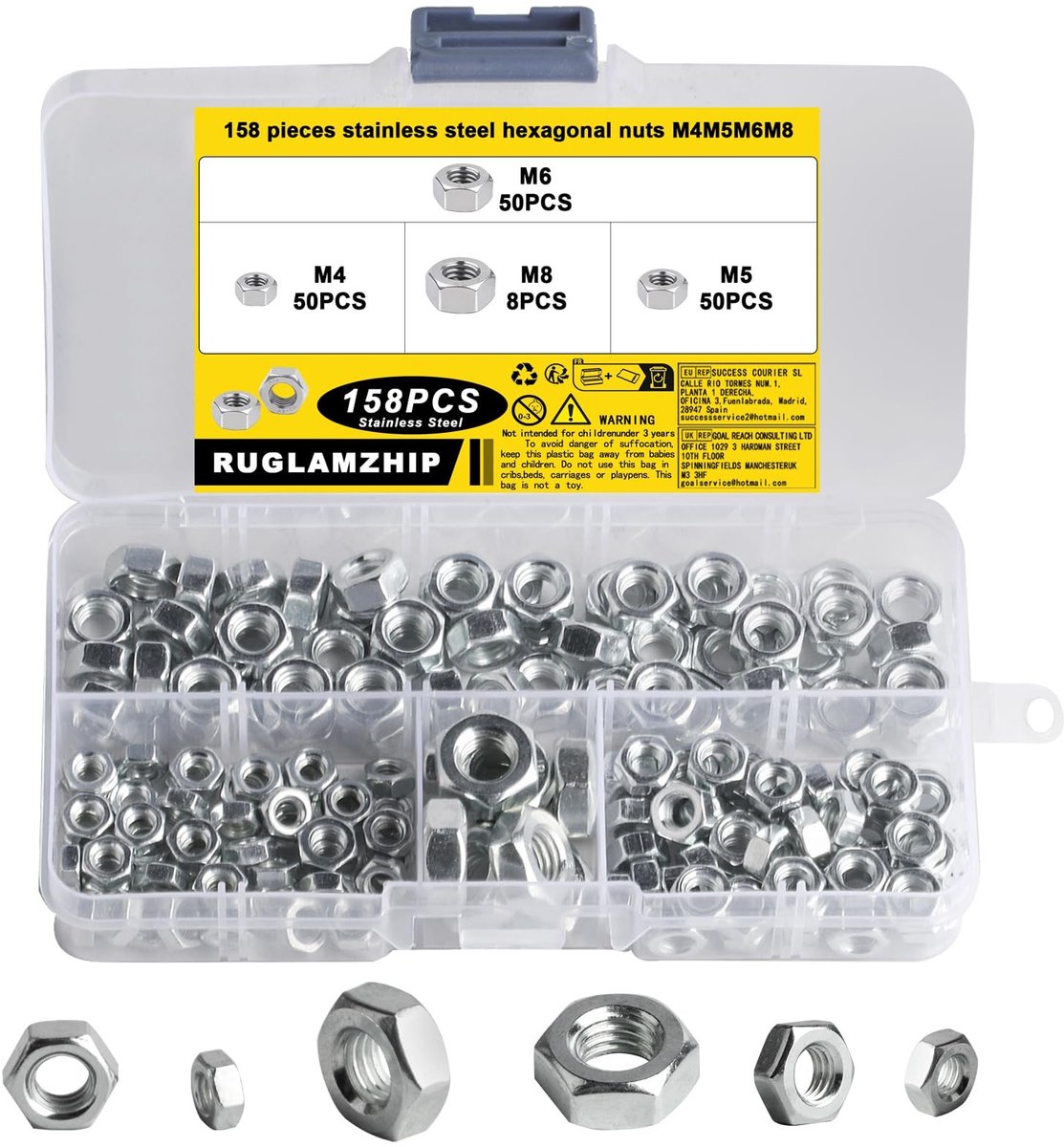 Solidchoice - Set van 158 Roestvrijstalen Moeren M4 M5 M6 M8