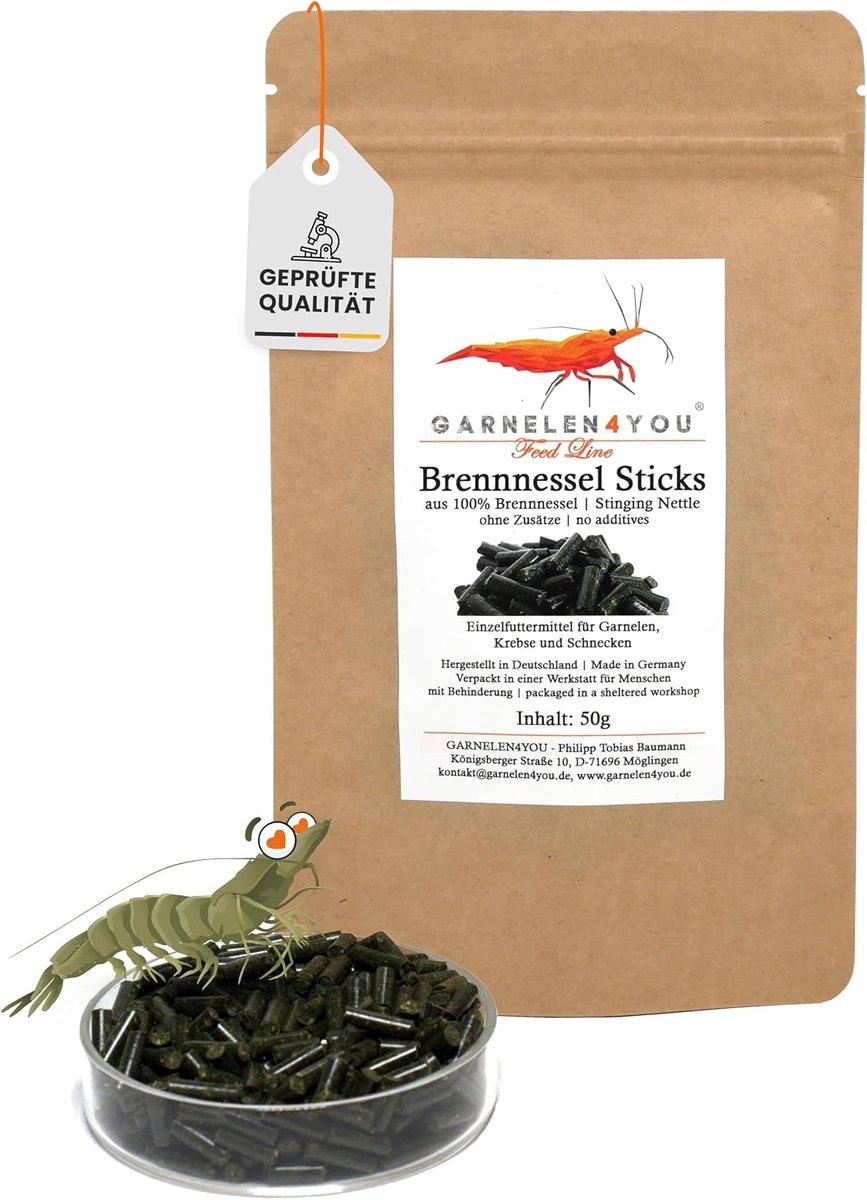 Brandnetel Sticks Premium garnalenvoer, duurzame verpakking, Made in Germany, voerpellets voor garnalen, kreeften - ShopVlot