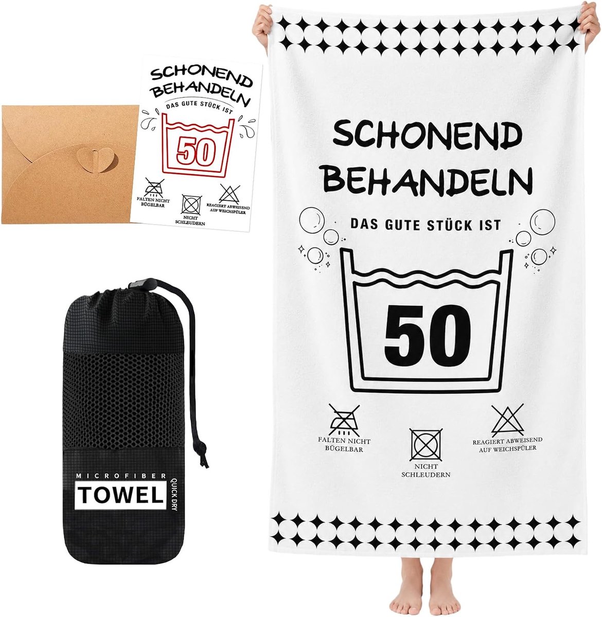 Strandlaken 50e verjaardag man/vrouw 150 x 70 cm - microvezel handdoek - verjaardagskaart - perfect voor stranddagen - ShopVlot