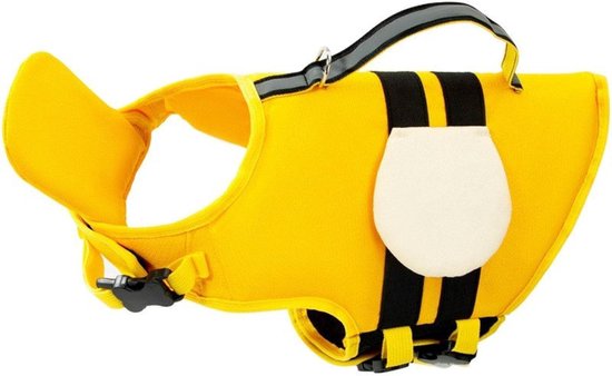Geel bijen-zwemvest voor honden, met zwarte strepen en witte vleugels. Zijkant zichtbaar, met gesp en handvat.