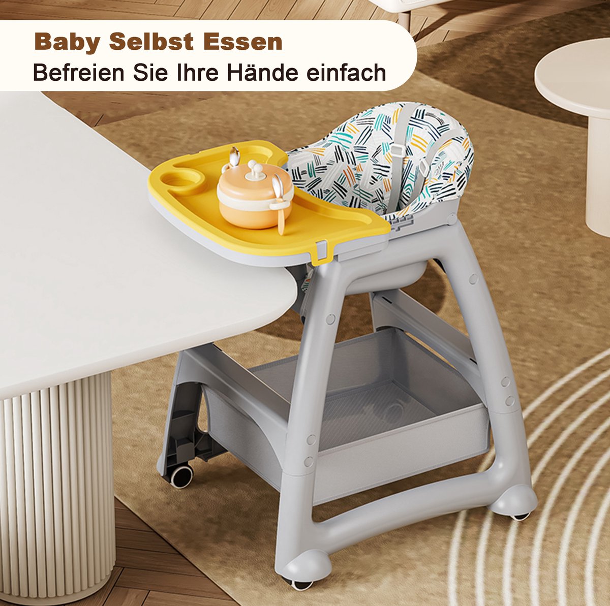 MIVRAY Kinderstoel – 3 Verwisselbare Speel- En Eetbladen – 78 x 58 x 59 cm – Polypropyleen – Grijs Geel – Met 5-Puntsgordel